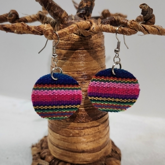 Rainbow Pride Fabric Round Circle Drop Dangle Silver Fish Hook Earrings - Picture 1 of 8
